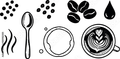 Black and white coffee themed icons including spoon steam coffee beans cup and heart latte art in minimalistic style