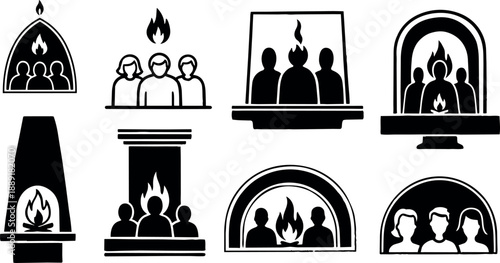 Black and white silhouette style fire burns inside various vintage fireplace designs in different shapes and arches