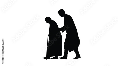 Helping elderly person silhouette, Ramadan compassion and community care vector illustration

