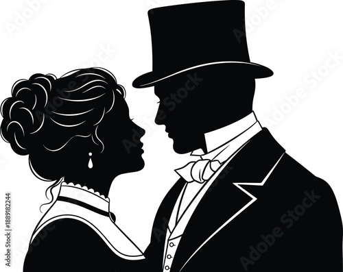 Victorian couple silhouette illustration facing each other, elegant romantic love scene, classic vintage fashion portrait, black white vector art