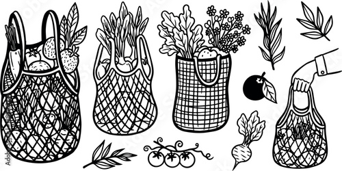 Hand drawn line art of various reusable shopping bags filled with groceries and fresh vegetables with natural elements scattered around