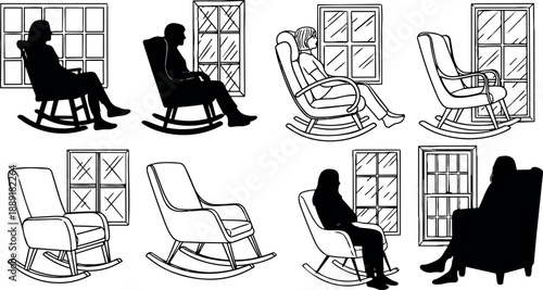 Silhouette of elderly person sitting in rocking chair by window multiple black and white outline views classic furniture design peaceful scene