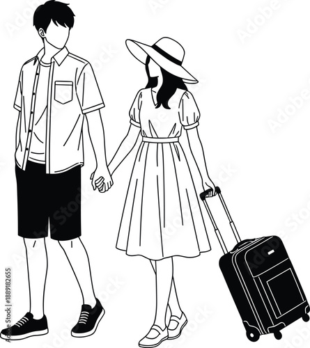 Young couple traveling together holding hands, minimalist line art illustration with suitcase, romantic journey concept isolated on white background design