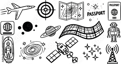 Black and white line art space travel set with airplane rocket satellite robot globe compass map passport symbols