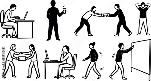 Black silhouette figures interacting in office and casual settings showing typing drinking handshake walking and presentation actions
