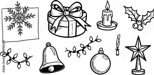 Black and white line art christmas holiday icons including gift box candle bell ornament star and holly decorations