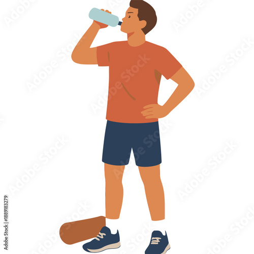Young caucasian male drinking water after exercise in sportswear.