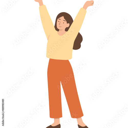 Happy young caucasian female celebrating with arms raised.