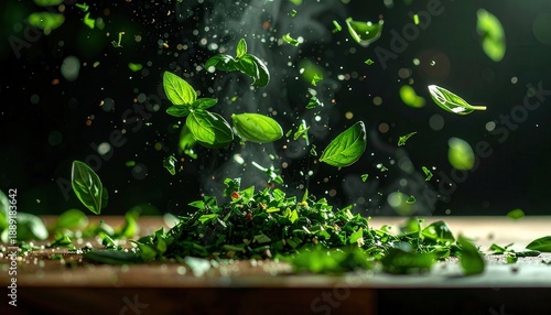 Dynamic Herb Explosion Fresh Basil Leaves Levitating Culinary Art Still Life