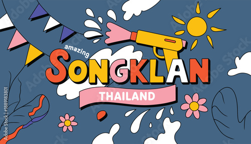 Songkran Thailand water gun sun flowers and bunting
