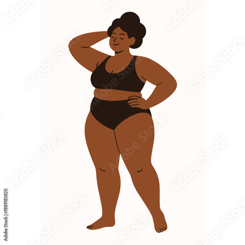 Confident african female in black swimwear with hand on hip.