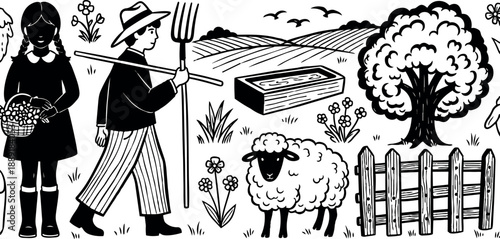 Black and white line art farmer holding pitchfork with girl carrying basket sheep tree fence rural landscape scene
