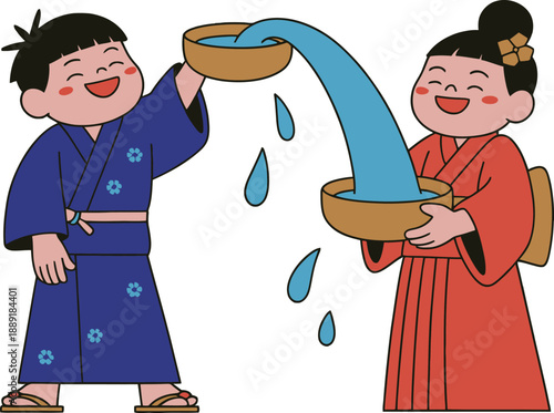 Two children in kimonos pouring water from bowls girl