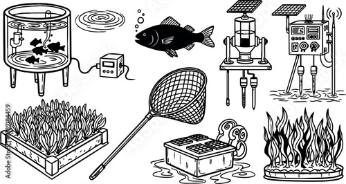 Black and white line art drawing of aquaponics system with fish tank net planting bed and water pumps technical illustration