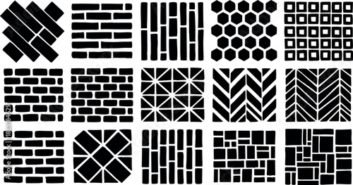 Black and white vector brick wall patterns collection seamless texture various geometric designs for backgrounds