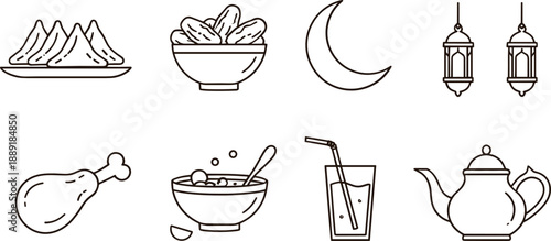 Ramadan iftar food and drink line icons set with moon lantern tea vector illustration