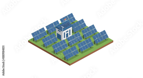 3D illustration of solar panels arranged around a building on green field.