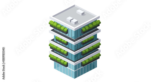 Modern multi-story office building with rooftop garden and lush greenery.