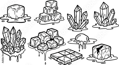 Black and white line art illustration of various crystal clusters and melting ice cubes simple hand drawn design