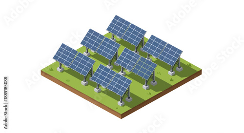 Isometric illustration of solar panels on a green field.