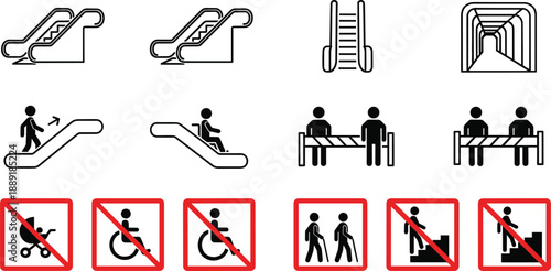 Public transport safety and accessibility symbols icons set with escalator rules signage vector illustration