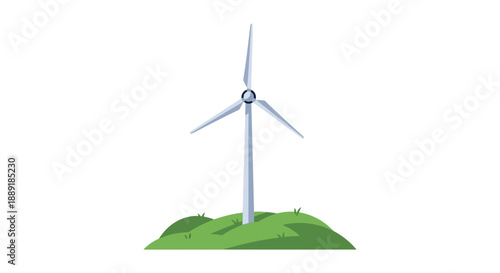Wind turbine on a green hill with white background.