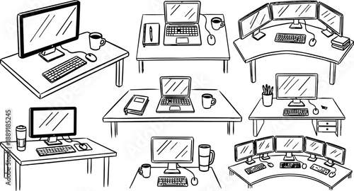 Black and white line art illustration of various computer workstations with keyboards and monitors from different angles