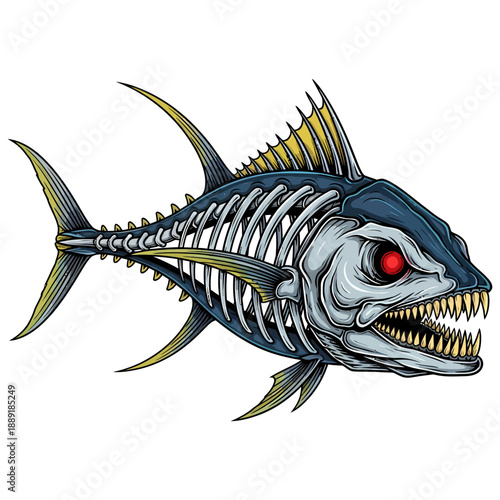 tuna fish skeleton with red glowing eye and sharp teeth on white background