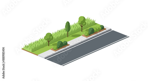 Isometric illustration of a road with a landscaped median strip.