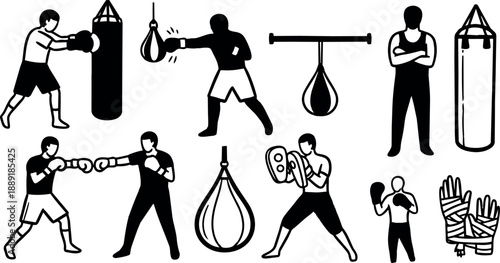 Black and white line art showing boxers training with punching bags speed bag and boxing gloves in different poses