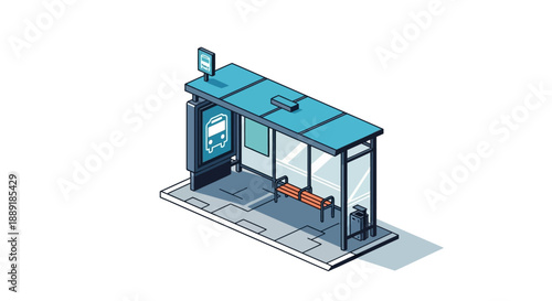 Isometric bus stop with bench and information display.