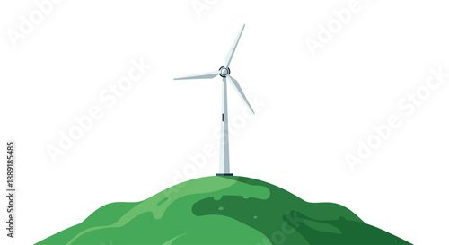 Wind turbine on a green hilltop landscape.