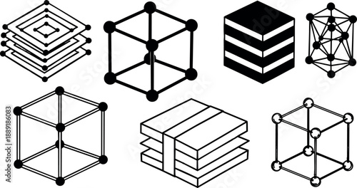 Black and white line art collection of geometric cubes and lattice structures in minimalist style set