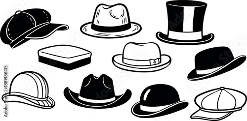Black and white vector illustration showing multiple different styles of mens hats silhouettes overhead view isolated