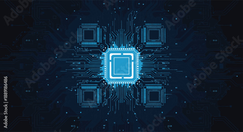 Blue digital technology background with circuit board pattern and central glowing microchip for computer engineering