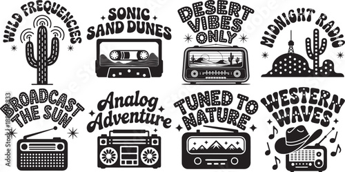 Desert radio designs bundle, retro audio themes, vintage broadcasting art