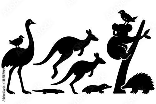 Australian Animal  silhouettes set,
Australian Animal Silhouettes Educational Wildlife Vector
