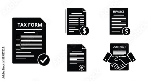 Financial documents including tax forms invoices contracts and a handshake