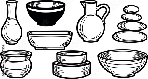 Hand drawn black and white ceramic bowls pitcher and stacked stones collection with vintage style isolated on white background