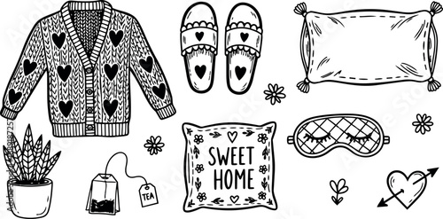 Black line art cozy home collection with sweater slippers pillow sweet home decor and heart illustration