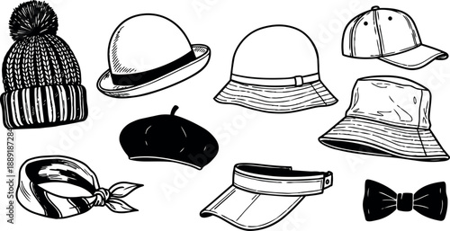 Black and white line art collection of nine varied hat styles including knit cap beret bucket and visor hat illustrations