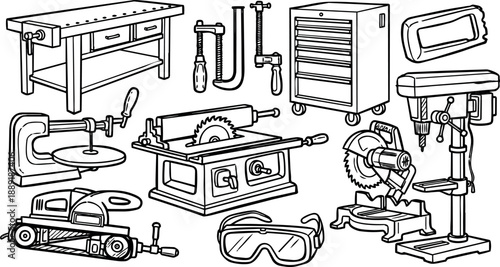 Black and white line art vintage woodworking tools collection including saw bench drill press clamp goggles and hand tools