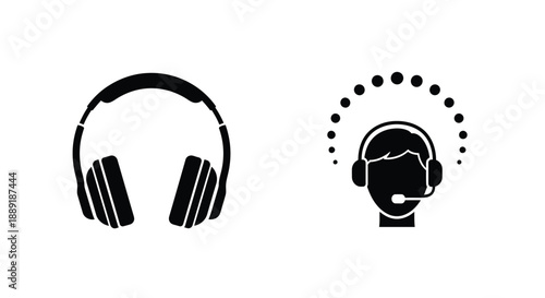 Black silhouette icons depicting headphones and a customer service representative