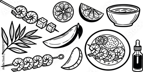Hand drawn line art top view of citrus skewers, banana slice, dipping bowl and olive branch with ink sketch mood