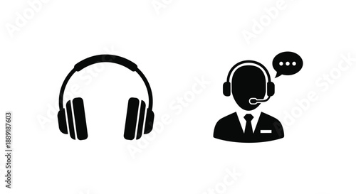 Simple black silhouette icons depicting headphones and a customer support representative