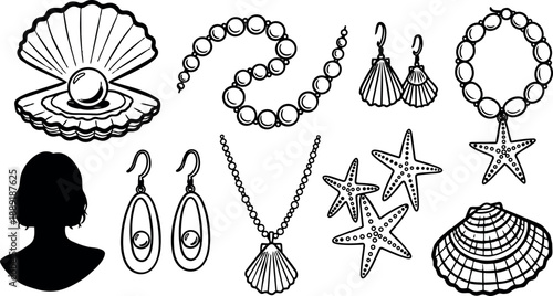 Black and white line art jewelry collection with pearl necklace shell earrings starfish pendant and silhouette profile