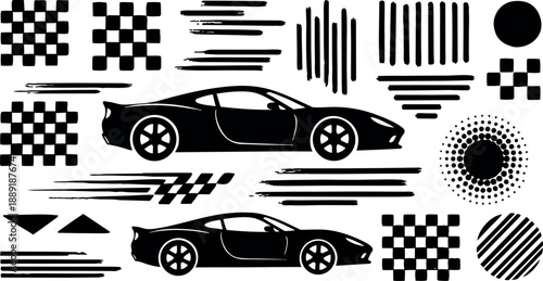Black and white flat design side view of sports cars with racing flags and speed lines in dynamic composition