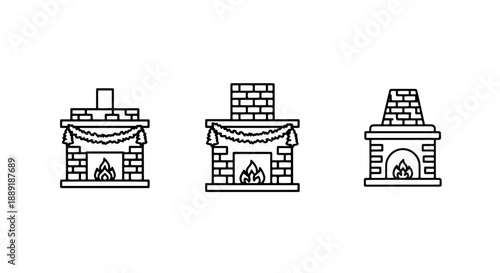 Set of line art icons featuring traditional brick fireplaces with burning fires and festive Christmas garlands, symbolizing warmth and holiday cheer.
