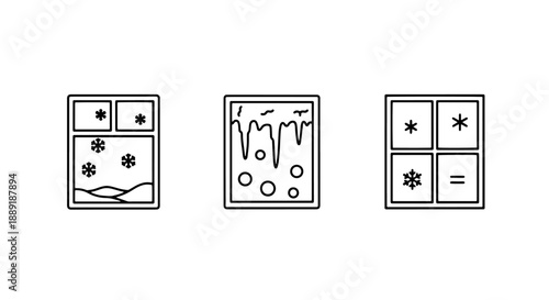 Window pane icons: winter scenes with snowflakes, icicles, and geometric patterns for frosty views