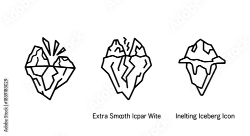 Abstract line icons of broken icebergs and melting formations, symbolizing climate change, global warming, and environmental fragility.